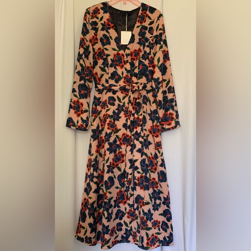 Zara Midi Length Floral Dress Long Sleeve Waist Tie Pockets Medium NWT